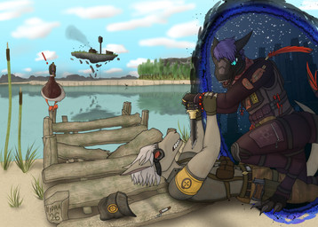 4_fingers anthro arm_grab armband armor belt black_body body_armor cigarette claws clothing crouching cultist detailed_background digitigrade digitigrade_footwear discarded_hat exclamation_point eyewear female feral fingerless_gloves fingers footwear furgonomic_footwear furgonomics gloves goggles grey_body grey_hair group gun hair handgun handwear harness holster holstered_pistol knee_pads looking_at_another magic male military patch_(fabric) pistol purple_hair ranged_weapon red_eyes ring sharp_teeth shirt shocked soldier teal_eyes teeth toeless_footwear topwear trio uniform warrior water weapon hydratm project_silverfish anatid anseriform avian bird duck inheritor lizard reptile scalie 2026 detailed hi_res signature