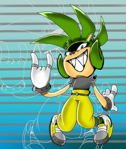 anthro belt big_teeth biped blowup_background blue_eyes bottomwear bracelet clothed clothing devil_horns_(gesture) digit_ring ear_piercing eyelashes female finger_ring footwear front_view gesture gloves green_hair grin grinning_at_viewer hair hand_gesture handwear jewelry looking_at_viewer pants pattern_background piercing pose sharp_teeth shirt shoes simple_background smile smiling_at_viewer sneakers solo standing striped_background style_emulation teeth topwear 2xdxart idw_publishing sega sonic_adventure sonic_the_hedgehog_(comics) sonic_the_hedgehog_(idw) sonic_the_hedgehog_(series) surge_the_tenrec afrosoricid mammal tenrec 2024 digital_media_(artwork) full-length_portrait hi_res portrait signature