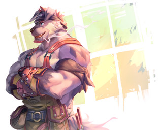 anthro barazoku big_muscles cigarette clothing crossed_arms gloves handwear kerchief male muscular muscular_anthro muscular_male pecs smoke smoking solo tool_belt tools worker null-ghost canid canine canis domestic_dog mammal
