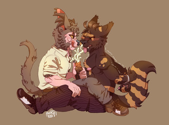 anthro blush bodily_fluids duo ejaculation jerking_off_another lean_body male male/male muscular orgasm saliva saliva_string shaking_orgasm tongue tongue_out beachedboy felid feline mammal hi_res