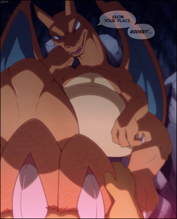anthro black_border border claws dialogue duo feet feral first_person_view foot_fetish looking_at_viewer male open_mouth orange_body pinned pinned_by_foot pinned_to_ground scales size_difference teeth text wings incredibleediblecalico nintendo pokemon charizard generation_1_pokemon pikachu pokemon_(species) english_text hi_res
