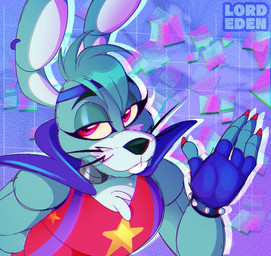 accessory anthro biped blue_body buckteeth clothing ear_piercing eyeliner fingerless_gloves gesture gloves hair handwear headband machine makeup male pattern_background piercing red_eyes simple_background smile smirk solo teeth waving whiskers l0rdeden five_nights_at_freddy's five_nights_at_freddy's:_security_breach five_nights_at_freddy's:_security_breach_ruin scottgames steel_wool_studios glamrock_bonnie_(fnaf) animatronic robot 2023 digital_media_(artwork) half-length_portrait portrait shaded simple_shading watermark