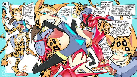 anthro big_breasts blue_eyes bodily_fluids bound breasts brown_hair contraption_concept dialogue encasement female fur hair hobbled latex markings navel navel_piercing nipples pawpads piercing pink_nipples pink_pawpads profanity red_latex solo speech_bubble spots spotted_body spotted_fur sweat tail text yellow_body yellow_fur oddjuice monkey_wrench_(series) background_character jaguar_girl_(monkey_wrench) felid jaguar mammal pantherine 16:9 2026 english_text widescreen