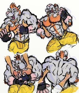 5_fingers abs anthro beard black_clothing black_fingerless_gloves black_gloves black_handwear body_hair bottomwear buckteeth chest_hair clothing duo eyes_closed facial_hair fingerless_gloves fingers fur gloves grey_body grey_fur hair handwear laugh male muscular muscular_anthro muscular_male open_mouth open_smile orange_beard orange_facial_hair orange_hair pants pecs pink_nose smile teeth tickle_fetish tickling tickling_armpits yellow_bottomwear yellow_clothing yellow_pants kctk mammal murid murine rat rodent