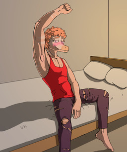 anthro armpit_fetish athletic athletic_anthro athletic_male barefoot bed bedroom_eyes blush blush_lines bodily_fluids bulge clothing feet furniture hair male narrowed_eyes pillow pink_body red_hair seductive shaved_armpit solo striped_body stripes sweat sweatdrop shock_trooper_(artist) cavemanon_studios goodbye_volcano_high ko_op_(game_developer) snoot_game reed_(gvh) dinosaur dromaeosaurid prehistoric_species reptile saurischian scalie theropod hi_res
