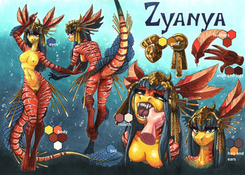 4_toes 5_fingers accessory anthro aztec biped black_hair blue_eyes breasts bubble fangs feet female fin finger_in_mouth fingers genitals gold_(metal) gold_jewelry hair hair_accessory jewelry nipples non-mammal_breasts nude nude_anthro nude_female open_mouth red_body solo striped_body stripes tail teeth toes underwater vulva water yellow_body ewgengster zyanya_(malthaeos) fish lionfish marine perciform scorpaeniform scorpaenoid 2023 absurd_res hi_res model_sheet traditional_media_(artwork)
