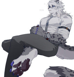 4_toes 5_fingers anthro arm_strap bangs barefoot big_feet black_nose black_pawpads blue_eyes blue_sclera bottomwear business_suit claws clock clothed clothed_anthro clothed_male clothing collared_shirt countershade_arms countershade_face countershade_feet countershade_fur countershade_tail countershading crossed_legs dipstick_tail dress_shirt ear_markings ellipsis feet finger_claws fingerpads fingers foot_focus fully_clothed fully_clothed_anthro fully_clothed_male fur grey_body grey_bottomwear grey_clothing grey_fur grey_markings grey_necktie grey_pants hair hair_between_eyes hands_together hindpaw huge_feet humanoid_hands kemono long_tail male male_anthro markings medium_hair multicolored_body multicolored_fur necktie one_foot_raised open_mouth pants pawpads paws purple_claws rolled_up_sleeves shirt simple_background solo speech_bubble spoken_ellipsis spots spotted_body spotted_fur spotted_markings spotted_tail suit tail tail_markings three-quarter_view tight_clothing tight_shirt tight_topwear toe_claws toes topwear vein watch white_background white_body white_clothing white_countershading white_fur white_hair white_inner_ear white_markings white_shirt white_tail_tip white_topwear wristwatch enmapsycho rimbaud felid mammal pantherine snow_leopard hi_res portrait