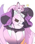accessory anthro bikini bottomwear clothed clothed_anthro clothed_female clothing curvy_figure eye_patch_bikini eyelashes female female_anthro fingers gesture hair hair_accessory hand_gesture hand_in_pocket jacket looking_at_viewer miniskirt open_clothing open_mouth open_shirt open_smile open_topwear pink_hair pockets shirt simple_background skimpy skirt smile solo star swimwear tail thick_thighs thong topwear two-piece_swimsuit underwear v_sign voluptuous voluptuous_anthro voluptuous_female white_background white_clothing white_shirt white_topwear gyrbdark canid canine fox mammal 2024 absurd_res digital_drawing_(artwork) digital_media_(artwork) hi_res portrait three-quarter_portrait