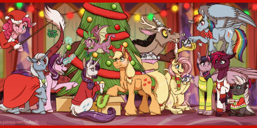 blonde_hair blue_eyes border box broken_horn cake castle cheek_tuft christmas_decorations christmas_lights christmas_tree claws clothed clothed_feral clothing cloven_hooves container cowboy_hat cutlery dessert facial_tuft female feral flying food fork freckles gift green_eyes group hair hat headgear headwear hearth's_warming holding_object holidays hooves horn kissing_bough kitchen_utensils levitation looking_at_viewer looking_back magic magic_aura male mistletoe multicolored_hair one_eye_closed open_mouth open_smile ornament pink_hair plant purple_hair rainbow_hair red_border red_eyes scarf sitting smile sweater tail telekinesis tongue tongue_out tools topwear tree tuft wing_claws wings wink winterchilla yellow_sclera inuhoshi-to-darkpen christmas friendship_is_magic hasbro my_little_pony my_little_pony:_the_movie_(2017) mythology applejack_(mlp) discord_(mlp) fluttershy_(mlp) grubber_(mlp) mane_six_(mlp) pinkie_pie_(mlp) rainbow_dash_(mlp) rarity_(mlp) spike_(mlp) starlight_glimmer_(mlp) tempest_shadow_(mlp) trixie_(mlp) twilight_sparkle_(mlp) chimera draconequus dragon equid equine horse mammal mythological_creature mythological_equine mythological_scalie pegasus pony scalie unicorn winged_unicorn hi_res