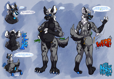 abdominal_bulge anthro belly blue_eyes blue_penis blue_tongue butt butt_slap claws clenched_teeth dialogue digestion digestion_noises ear_piercing ear_ring fangs front_view fur genitals hair half-closed_eyes hand_on_belly inner_ear_fluff male mouth_closed narrowed_eyes navel neck_bulge notched_ear nude nude_anthro nude_male on_knee open_mouth paws penis piercing rear_view ring_piercing slap soft_vore solo sound_effects speech_bubble standing teeth text tongue tongue_out tuft vore awoogasm jasper_(awoogasm) hyena mammal 2021 signature