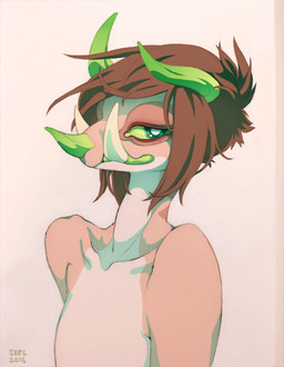 anthro brown_hair collarbone female green_eyes green_horn green_mouth green_sclera hair horn nude pink_background simple_background solo tusks ground-lion clair_(seel_kaiser) chameleon chimereon jackson's_chameleon lizard reptile scalie 2015 signature nonbinary_(lore)