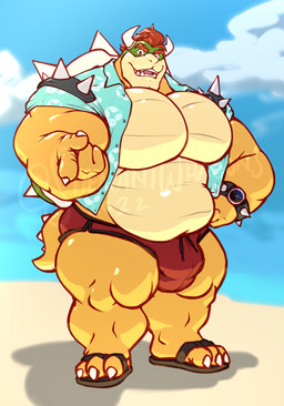 2_horns 3_toes aloha_shirt anthro armband barazoku beach beckoning belly biceps big_belly big_bulge big_muscles big_pecs bulge claws clock clothed clothing cloud eyebrows feet flip_flops footwear gesture hair horn huge_muscles huge_pecs huge_thighs looking_at_viewer male musclegut muscular muscular_anthro muscular_male open_clothing open_mouth open_shirt open_smile open_topwear outside pattern_clothing pattern_shirt pattern_topwear pecs quads sand sandals seaside shell shirt shoes sky smile solo speedo spiked_armband spiked_shell spiked_tail spiked_watch spikes spikes_(anatomy) standing swimwear tail teeth text thick_thighs toes topwear watch water shenaniwhagons bowser_day mario_bros nintendo bowser koopa scalie 2022 hi_res url