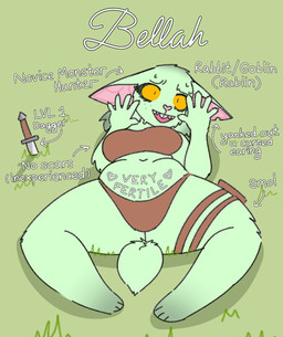 anthro body_writing breasts clothing covered_breasts dagger eyelashes female freckled_face freckles fur green_body green_fur long_eyelashes lying melee_weapon slightly_chubby slightly_chubby_anthro slightly_chubby_female text weapon yellow_eyes acquiiiescent bellah_(acquiiiescent) goblin hybrid lagomorph leporid mammal rabbit english_text hi_res