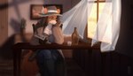 alcohol_bottle anthro chair clothing curtains female furniture glass gun hair handgun hat headgear headwear inside light officer pistol pistol_holster plant ranged_weapon revolver sitting solo tail wanted_poster weapon window kirkir canid canine fox mammal 2019 digital_drawing_(artwork) digital_media_(artwork) signature