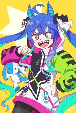 ahoge blue_eyes blue_hair clothed clothed_female clothed_humanoid clothing female gesture hair hand_gesture hand_on_hip heterochromia hood hoodie open_mouth pink_eyes plushie pointing pointing_at_self sharp_teeth solo spiral spiral_pupils teeth topwear twintails_(hairstyle) galois cygames uma_musume_pretty_derby twin_turbo_(pretty_derby) animal_humanoid equid equid_humanoid equine equine_humanoid horse_humanoid humanoid mammal mammal_humanoid absurd_res hi_res