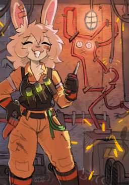 5_fingers anthro biped bottomwear breasts clenched_teeth clothed clothed_anthro clothed_female clothing eyes_closed female fingers footwear front_view fully_clothed fully_clothed_anthro fully_clothed_female fur gloves hair handwear inside shoes smile solo standing teeth topwear waspsalad lagomorph leporid mammal rabbit 2025 digital_drawing_(artwork) digital_media_(artwork) hi_res