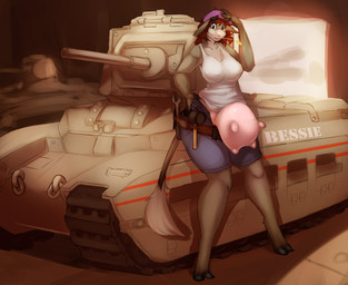 anthro armored_vehicle big_breasts breasts breasts_and_teats brown_hair cannon clothed clothing curvy_figure female gun hair hooves horn machine nipples ranged_weapon short_hair solo tail tail_tuft tank_(vehicle) teats tool_belt tracked_vehicle tuft turret udders vehicle voluptuous weapon wide_hips worker watsup matilda_ii_(tank) ellen_heart bovid bovine mammal digital_media_(artwork)