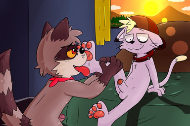 4_fingers 4_toes anthro anthro_on_anthro balls bed bedroom bodily_fluids collar duo enjoying erection feet fingers foot_fetish foot_lick foot_play foreskin furniture genitals hindpaw humanoid_genitalia humanoid_penis kerchief licking male male/male nude partially_retracted_foreskin paws penis raised_tail saliva saliva_on_foot soles sunset tail toes tongue tongue_out simplepossum doke_okeb domestic_cat felid feline felis mammal procyonid raccoon 2022 3:2 digital_media_(artwork)