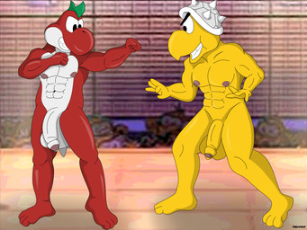 anthro armor balls big_balls big_nipples big_penis duo feet fighting_pose fighting_ring flaccid foreskin genitals headgear headgear_only helmet helmet_only male male/male muscular muscular_anthro muscular_male nipples nude nude_fight penis pose prehistoric red_body teeth white_eyes yellow_body ciel-wolf mario_bros mythology nintendo paper_mario paper_mario:_the_thousand_year_door jr_troopa the_great_gonzales_jr dinosaur dragon koopa koopa_troopa mythological_creature mythological_scalie prehistoric_species red_yoshi reptile scalie tortoise turtle yoshi 4:3 hi_res