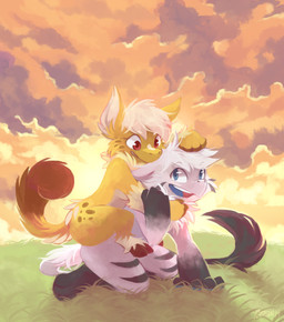ambiguous_gender anthro blue_eyes blue_tongue brown_hooves carrying_another cloud detailed_background digitigrade duo fur grass hair hooves kneeling open_mouth open_smile outside paws piggyback plant red_eyes sky smile snout tail tail_tuft teeth tongue tuft unguligrade white_body white_fur white_hair white_inner_ear yellow_body yellow_fur yellow_sky darmp ferrin 2014 digital_media_(artwork) digital_painting_(artwork) hi_res painting_(artwork)