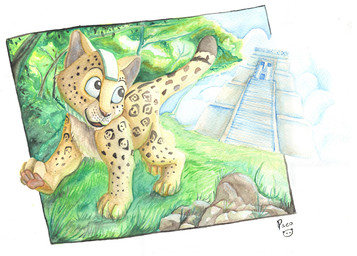 ambiguous_feral ambiguous_gender facial_spots feral fur grass looking_up markings outside plant pyramid smile solo spots spotted_face spotted_legs spotted_markings spotted_tail tail tail_markings tan_body tan_fur tree yellow_body yellow_fur pandapaco felid mammal
