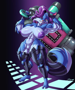 5_fingers 5_toes abs anthro areola biceps big_breasts blue_body blue_fur bodily_fluids breasts clitoral_hood clitoris clothing eyeshadow feet female fingerless_gloves fingers fur genitals gloves hair half-closed_eyes handwear holding_object holding_weapon humanoid_feet legwear looking_at_viewer makeup muscular muscular_anthro muscular_female narrowed_eyes nipples nude plantigrade purple_hair simple_background smile solo standing stockings sweat sweatdrop sweaty_body tail teeth thick_thighs toes torn_clothing torn_legwear torn_stockings vulva weapon g4rron hi-rez_studios paladins_(game) pepper_(paladins) canid canine fox mammal absurd_res digital_media_(artwork) hi_res