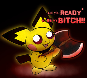 ambiguous_gender axe black_body black_fur blush fur heart_symbol imminent_violence looking_at_viewer profanity smile yellow_body yellow_fur dorian_(artist) nintendo pokemon super_smash_bros. generation_2_pokemon mammal mouse murid murine pichu pokemon_(species) rodent hi_res