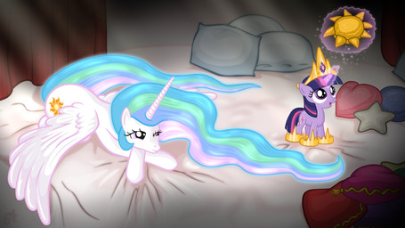 bed duo feathered_wings feathers female feral fur furniture hair horn magic multicolored_hair pillow princess purple_body purple_fur purple_hair quadruped royalty size_difference sun tail two_tone_hair wings young young_feral arlevgor friendship_is_magic hasbro my_little_pony mythology princess_celestia_(mlp) twilight_sparkle_(mlp) equid equine mammal mythological_creature mythological_equine unicorn winged_unicorn 16:9 hi_res widescreen