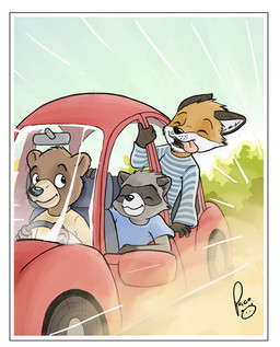 anthro border brown_body brown_fur car cheek_tuft closed_smile clothed clothing driving eyes_closed facial_tuft fur grey_body grey_fur group inside_car inside_vehicle logo male male_anthro mouth_closed open_mouth open_smile orange_body orange_fur pattern_clothing pattern_topwear shirt smile striped_clothing striped_topwear stripes t-shirt tongue tongue_out topwear trio tuft vehicle white_body white_border white_fur young young_anthro young_male pandapaco art_(pandapaco) biro_(pandapaco) julio_(pandapaco) bear brown_bear canid canine fox grizzly_bear mammal procyonid raccoon ursine artist_logo signature