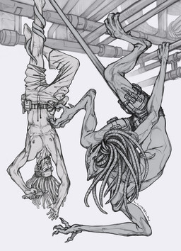 4_eyes claws clothed clothing digitigrade dreadlocks duo male multi_eye prehensile_tail suspension tail tools topless upside_down lurelin billy_mardess rachis alien human mammal hi_res