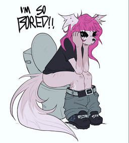 anthro arms_on_knees belt black_clothing black_shirt black_topwear bored bottomwear bottomwear_down butt clothed clothing constipation denim denim_bottomwear denim_clothing facial_piercing female footwear hair holding_head implied_scat jeans leaning leaning_forward leg_scar long_tail looking_forward nose_piercing nose_ring on_toilet pants pants_down partially_clothed piercing pink_body pink_hair ring_piercing scar shirt shoes simple_background sitting sitting_on_toilet solo t-shirt tail thigh_scar toilet toilet_bowl toilet_lid toilet_seat toilet_use topwear white_background wide_hips countlessbathry canid canine canis domestic_dog mammal