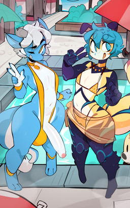 andromorph anklet antennae_(anatomy) anthro arthropod_abdomen ball_bulge balls belly big_balls big_butt big_penis bikini biped black_claws blue_body blue_claws blue_eyes blue_hair blue_skin building butt camel_toe choker claws clothed clothing cloud collar crossdressing duo embarrassed erection exoskeleton eyebrow_through_hair eyebrows eyelashes featureless_feet feet femboy foreskin genitals gesture glans gold_(metal) gold_bikini gold_choker gold_collar gold_jewelry gold_necklace gradient hair hand_gesture hexagon honeycomb_(pattern) horn humanoid_genitalia humanoid_penis intersex jewelry looking_at_viewer looking_away male markings metal_collar multicolored_body navel necklace one-piece_swimsuit one_eye_closed open_mouth open_smile outside palm_tree parasol penis pink_glans plant pool_toy poolside pose presenting presenting_penis purple_body purple_skin raised_eyebrow resort sarong sea sidewalk sky sling_bikini small_waist smile smiling_at_viewer standing swimming_pool swimwear tail tail_tuft tiptoes translucent translucent_clothing translucent_hair translucent_underwear tree tuft two-piece_swimsuit two_tone_body underwear v_sign vulva water wet wet_body white_body white_penis white_skin wristband yellow_body yellow_eyes yellow_skin neceet mythology ivory_(diablosouleater) yoona_long arthropod bee dragon hymenopteran insect mythological_creature mythological_scalie scalie absurd_res hi_res