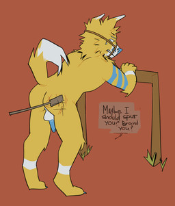 anthro bdsm bound bridle butt_slap genitals male nude penis petplay ponyplay roleplay slap solo spanking submissive text whipping cosmostars openfracturesday canid canine canis domestic_dog husky mammal nordic_sled_dog spitz absurd_res english_text hi_res