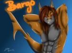 anthro blue_background brown_hair hair looking_at_viewer male muscular muscular_anthro muscular_male orange_body orange_skin red_eyes simple_background solo jesterhoro bargo fish marine shark absurd_res hi_res signature