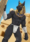 abs afnet_(clothing) anthro arm_wraps asian_clothing black_body black_claws black_fur black_nose building bulge claws clothing detailed_bulge east_asian_clothing egyptian egyptian_clothing egyptian_headdress fundoshi fur genital_outline gold_(metal) gold_jewelry japanese_clothing jewelry male muscular muscular_anthro muscular_male nipples outside penis_outline sky solo standing underwear white_clothing white_underwear wraps yellow_eyes baroque_(artist) egyptian_mythology middle_eastern_mythology mythology anubis anubian_jackal canid canine canis deity jackal mammal 2021 hi_res signature