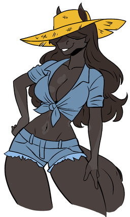 anthro bangs bottomwear breasts brown_body cleavage clothed clothing cocked_hip denim denim_bottomwear denim_clothing denim_shorts equine_tail female freckled_face freckles grin hair hair_over_eyes hat headgear headwear jeans long_hair markings multicolored_body pants shirt shorts smile solo spots spotted_body straw_hat teeth tied_shirt topwear two_tone_body f4ephantomii equid equine horse mammal hi_res