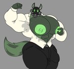 anthro big_bulge big_muscles bodily_fluids bulge clothed clothing detailed_bulge genital_outline green_body hi_res male mask muscular nipple_fetish nipple_play nipple_pull partially_clothed parttimeyeen_(artist) penis_outline solo sweat sweatdrop sweaty_armpit tox_(parttimeyeen)