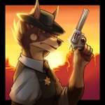 1:1 5_fingers alpha_channel anthro badge brown_body brown_fur canid canine canis claws clothed clothing dobermann domestic_dog female fingers fur gun handgun hat headgear headwear kevintheradioguy mammal necktie orange_eyes pinscher ranged_weapon revolver simple_background solo tan_body tan_fur tatiana_soldatova weapon