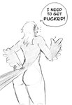 anthro beak big_butt butt feathers femboy hair hand_on_butt male nude profanity small_waist snap solo speech_bubble tail tail_feathers text wide_hips winged_arms wings yelling shybird avian bird falcon falconid peregrine_falcon black_and_white english_text hi_res monochrome