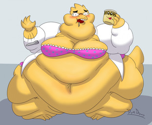 anthro belly belly_rolls big_belly big_breasts bra breasts buckteeth cleavage clothed clothing coat container cup cutlery deep_navel double_chin dropping_object eating embarrassed eyewear fat_rolls female flabby_arms food fork front_view glasses holding_container holding_cup holding_object huge_breasts huge_hips huge_thighs hyper hyper_hips kitchen_utensils lab_coat looking_at_viewer morbidly_obese morbidly_obese_anthro morbidly_obese_female navel noodles obese obese_anthro obese_female open_clothing open_coat open_topwear overweight overweight_anthro overweight_female panties pattern_clothing pigeon_toed scales simple_background skimpy solo standing tail teeth text thick_neck thick_tail thick_thighs tools topwear underwear wide_hips yellow_body yellow_scales dymdraws undertale undertale_(series) alphys lizard reptile scalie english_text signature