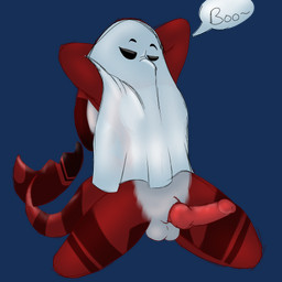 anthro clothing costume genitals holidays knot male penis presenting solo mamavixy halloween aquatic fish ghost lagomorph leporid mammal rabbit shark spirit 1:1 alpha_channel hi_res shaded