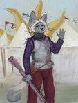 anthro chainmail chest_armor clothing gesture gun looking_at_viewer male medieval_armor medieval_clothing military_uniform musket outside ranged_weapon sling_bag solo standing tents uniform waving waving_at_viewer weapon whiskers banoncat banoncat_(character) 2022 hi_res