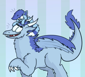 4_fingers feathered_wings feathers feral fingers horn pattern_background simple_background size_difference tail teeth wings unknown_artist mythology camthedragon_(character) canid canine canis dragon mammal mythological_creature mythological_scalie scalie wolf low_res