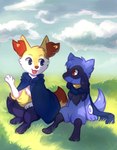 2018 absurd_res ambiguous_gender anthro blue_body blue_eyes blue_fur blue_tail braixen closed_smile cloud day digital_media_(artwork) duo eyebrows flavia-elric fluffy fluffy_tail fur generation_4_pokemon generation_6_pokemon grass hi_res inner_ear_fluff looking_at_another mouth_closed nintendo open_mouth outside paws pink_nose plant pokemon pokemon_(species) pokemon_mystery_dungeon pupils red_eyes riolu scard shadow sitting sku smile spike_chunsoft tail tongue tuft white_body white_fur white_sclera