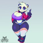 anthro big_breasts black_body bottomwear breasts clothing collar female footwear gesture hand_gesture jacket middle_finger navel shirt shoes shorts smile socks solo tail thick_thighs topwear white_body 69blackcat69 bear giant_panda mammal 1:1 absurd_res hi_res