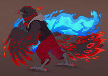 4_toes ambiguous_gender anisodactyl anthro beak black_body black_clothing black_feathers black_hoodie black_topwear blue_fire bottomwear claws clothed clothing colored_fire feathered_wings feathers feet fire fully_clothed hoodie pants red_bottomwear red_clothing red_eyes red_pants scuted_legs scutes solo striped_feathers tail tail_feathers toe_claws toes topwear wings tazara avian bird corvid corvus_(genus) crow oscine passerine 2026 hi_res