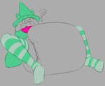 anthro big_diaper bovid caprine clean_diaper clothed clothing confusion crybabybluberry darkner deltarune diaper eyewear footwear fur glasses goat green_clothing green_footwear green_legwear green_socks green_thigh_highs hat headgear headwear legwear male mammal pink_scarf question_mark ralsei scarf socks solo spread_legs spreading thigh_highs undertale_(series) wearing_diaper white_body white_fur witch_hat