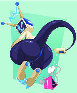 2_claws ambiguous_anthro ambiguous_focus ambiguous_gender antennae_(anatomy) anthro big_butt black_body blue_body blue_eyes blue_mouth blue_nose bodily_fluids butt claws curled_tail duo electrical_plug electrical_plug_tail electricity electronics emanata for_a_head green_background grey_body hand_on_leg hand_on_thigh hind_claw huge_butt looking_at_viewer looking_back looking_back_at_viewer looking_up_at_another multicolored_body one_eye_closed pink_body screen screen_face simple_background solo_focus sweat sweatdrop tail television thick_thighs toe_claws translucent translucent_body wink winking_at_viewer yellow_body boot_(artist) kilaflow kila_(kilaflow) tippclipp_(kilaflow) animate_inanimate object_head robot_anthro screen_head tv_head 2026 hi_res