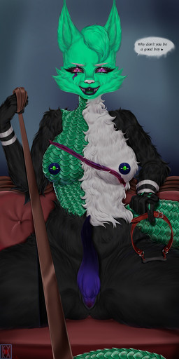anthro anus aroused ball_gag bdsm bigtail breasts chest_markings claws collar dominant dominant_anthro dominant_female dominatrix erection eyelashes female first_person_view full_render fur gag genitals green_body green_fur gynomorph herm heterochromia intersex leash leash_pull leashed_collar leashed_pov markings multicolored_body multicolored_fur nipple_piercing nipples nude penis petplay piercing pose roleplay scales scaly_tail scar solo spread_legs spread_vulva spreading tail vulva rozjins canid canine canis hybrid lizard mammal reptile scalie wolf absurd_res full-length_portrait hi_res pinup portrait