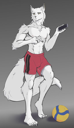 abs anthro areola athletic athletic_anthro athletic_male athletic_wear ball biped bottomwear cellphone claws clothed clothing ear_piercing ear_ring electronics feet finger_claws fingers fluffy fluffy_tail front_view frown fur gradient_background gym_bottomwear gym_shorts holding_cellphone holding_object holding_phone holding_smartphone humanoid_feet humanoid_hands long_tail looking_aside low-angle_view male nipples pecs phone piercing plantigrade red_bottomwear red_clothing red_shorts ring_piercing shadow shorts simple_background smartphone solo standing tail toe_claws toes topless topless_anthro topless_male white_body white_fur yellow_eyes reedeer tennis_ace haruki_koizumi canid canine canis mammal wolf hi_res